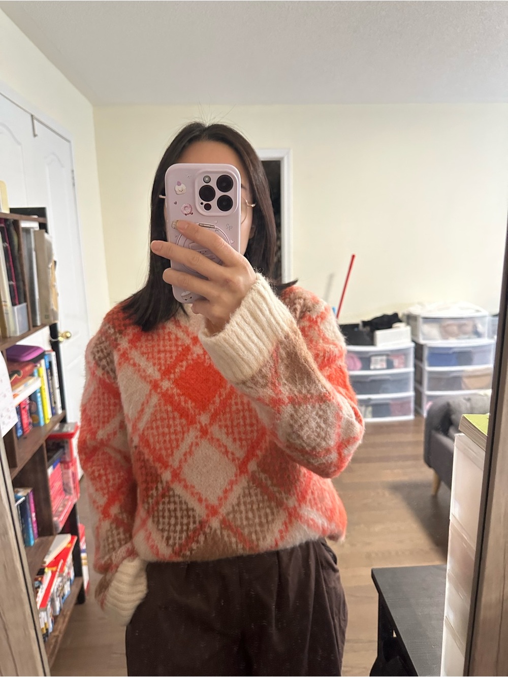 Maje Orange, Cream & Brown Argyle Crewneck Sweater